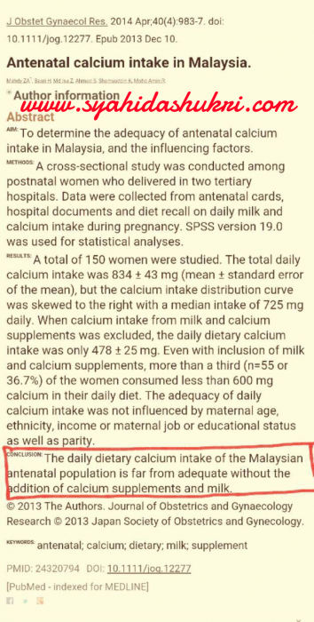Kajian tentang kekurangan kalsium di kalangan wanita hamil di Malaysia